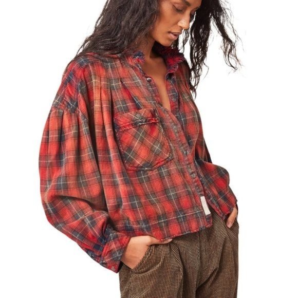 Free People Tops - NEW Free People Emily Red Plaid Flannel Ruffle Shirt Jacket - XS